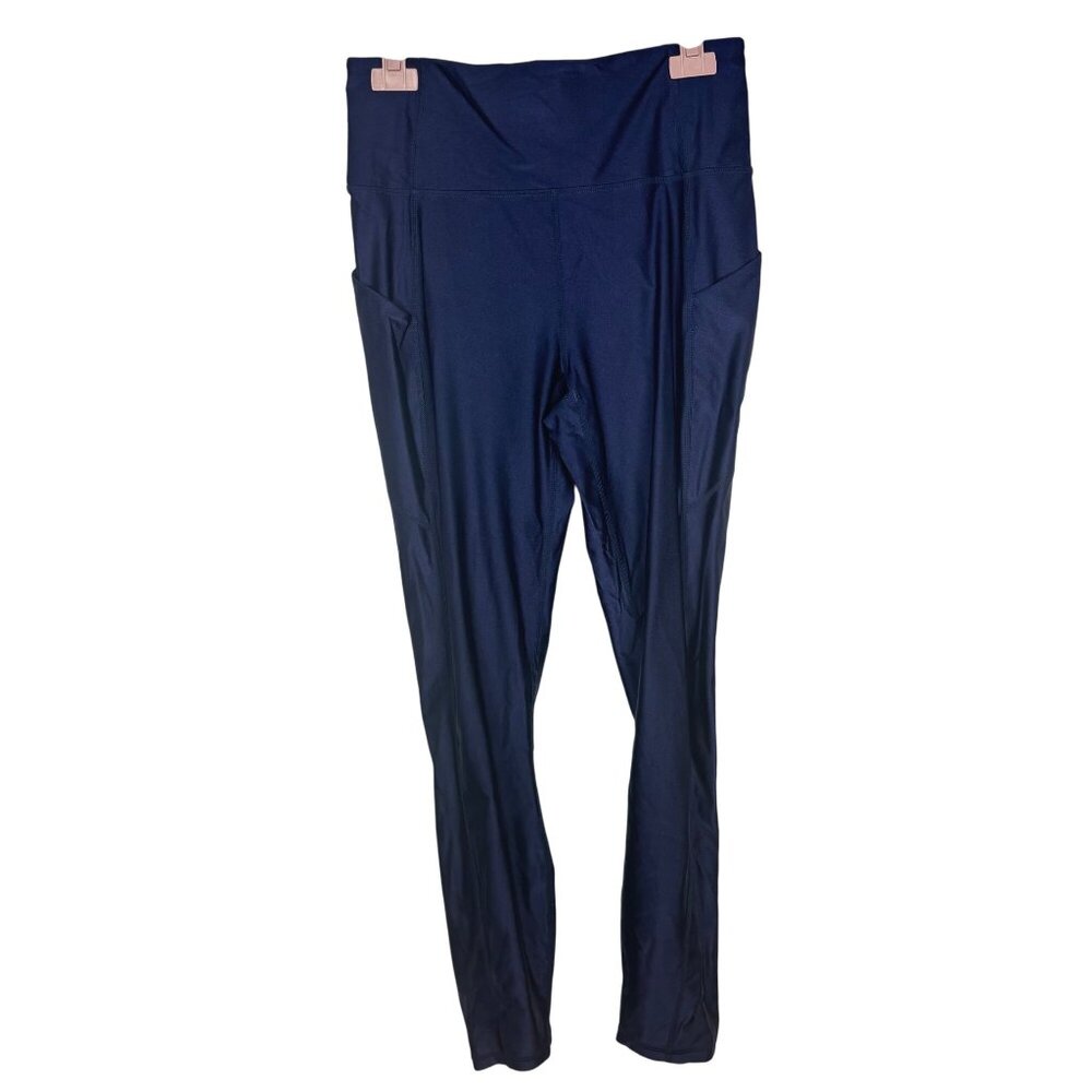 Fabletics M Navy Blue Shimmery Sheen Athletic Leggings With Side Pockets
